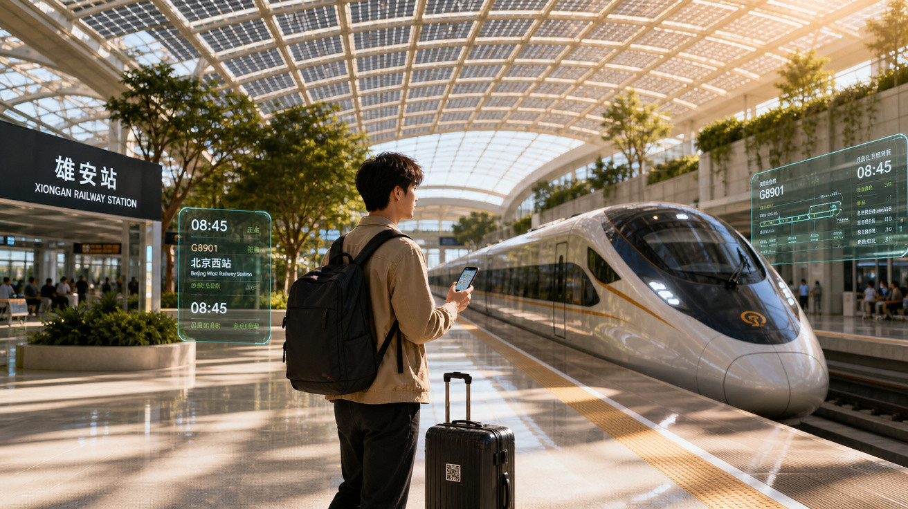 Homem com mochila e mala preta usando celular em plataforma de estação moderna com trem de alta velocidade.