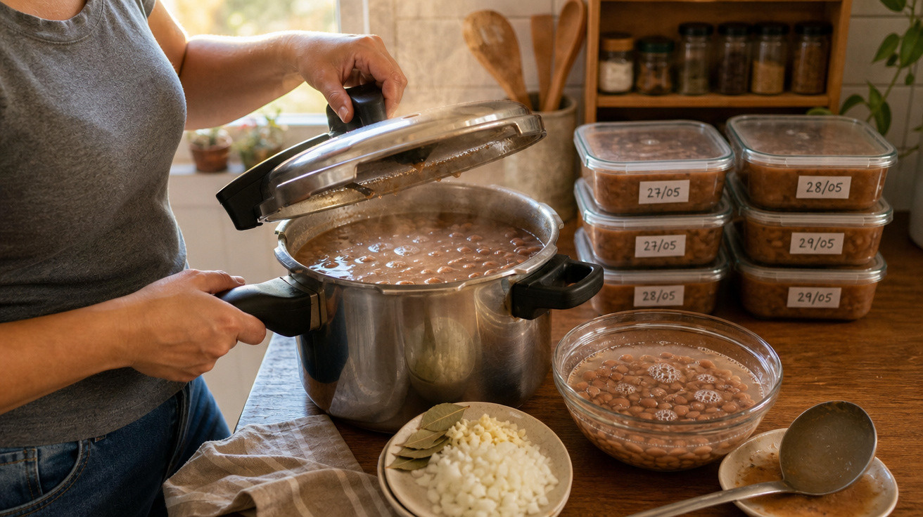 Pessoa abrindo panela de feijão cozinhando, com temperos e potes plásticos organizados na bancada.