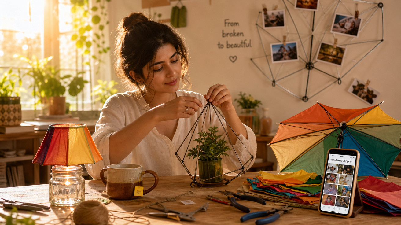 Mulher trabalhando em artesanato com plantas, ao lado de lâmpada colorida e celular em mesa com utensílios.