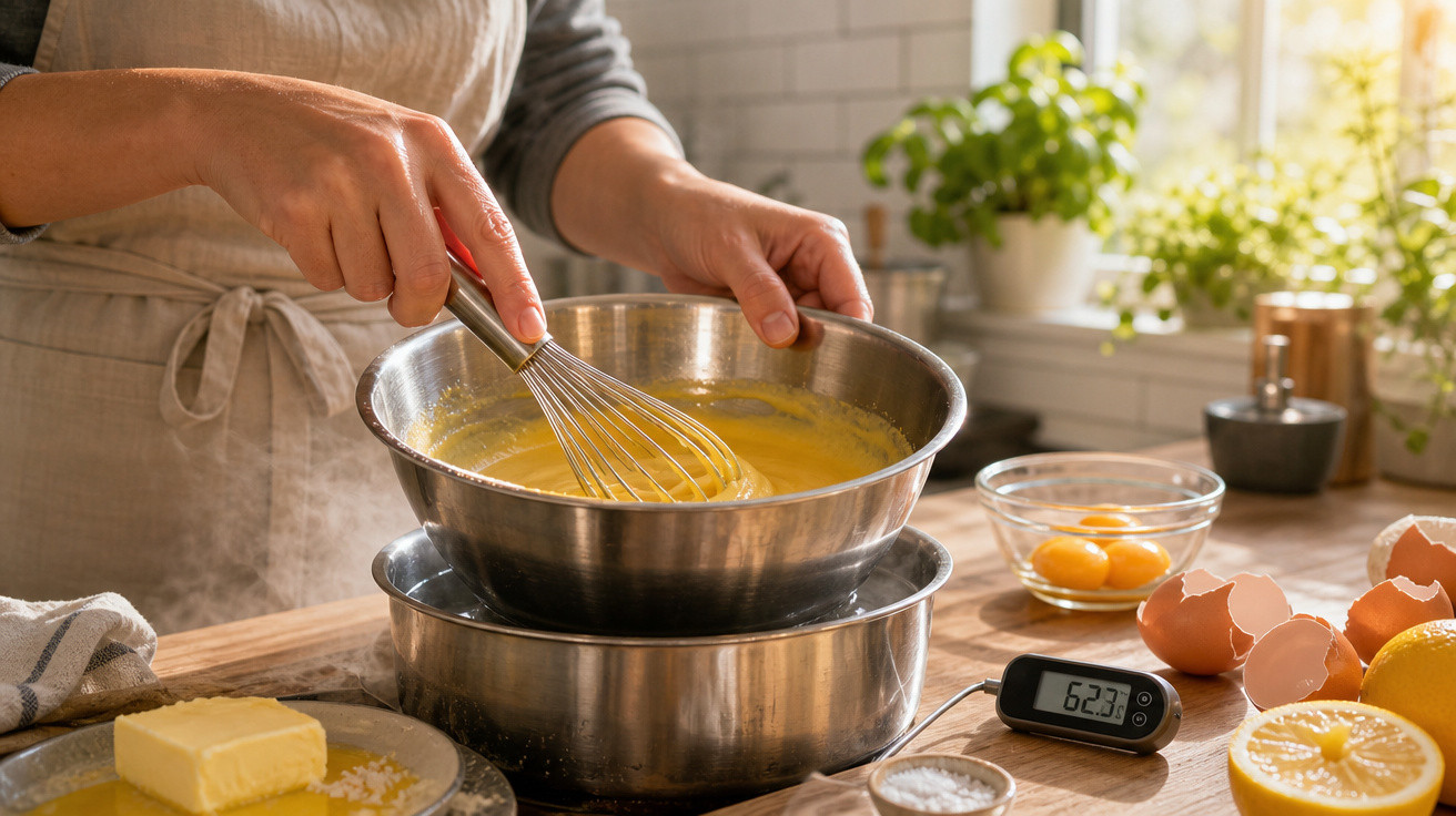 Pessoa mexendo mistura amarela em banho-maria na cozinha com ingredientes ao redor e termômetro digital.