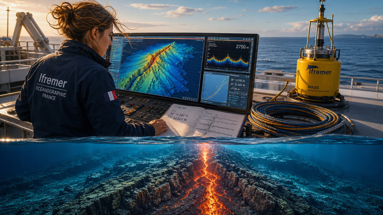 Pesquisadora em navio análise dados geológicos com imagens de vulcão submarino e lava em erupção.