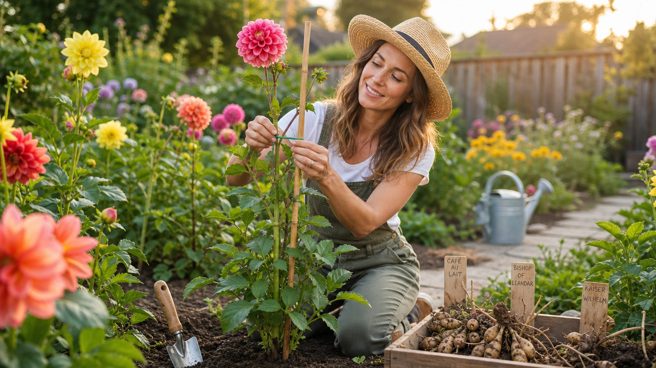 Mulher sorridente cultivando flores coloridas em jardim ensolarado com ferramentas e tubérculos ao lado.