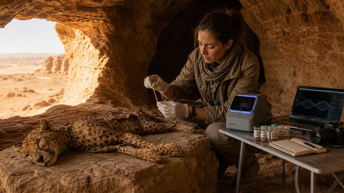 Mulher cientista coleta amostra de felino em caverna no deserto com equipamentos de laboratório portátil.