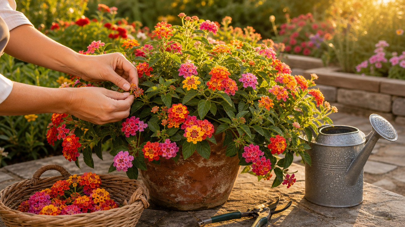 Mãos colhendo flores coloridas de vaso em mesa com regador, tesoura e cesta ao ar livre ao pôr do sol.