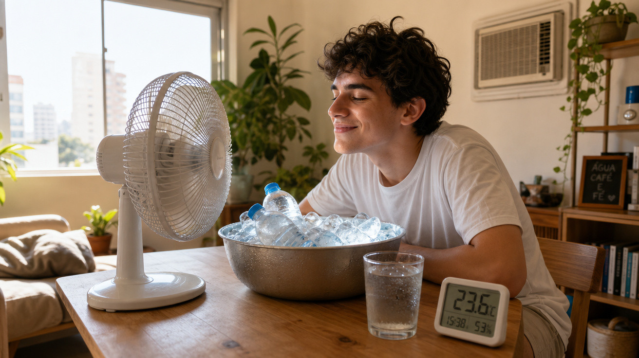 Jovem aproveita o ventilador em mesa com tigela de gelo e garrafas, copo de água e termômetro digital.