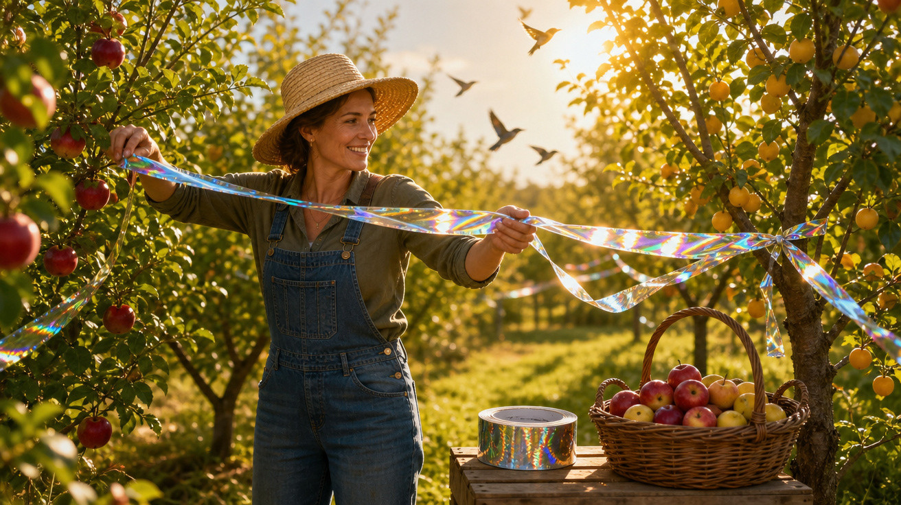 Mulher em macacão e chapéu colhendo maçãs em pomar com fita prateada e cesta cheia de frutas.