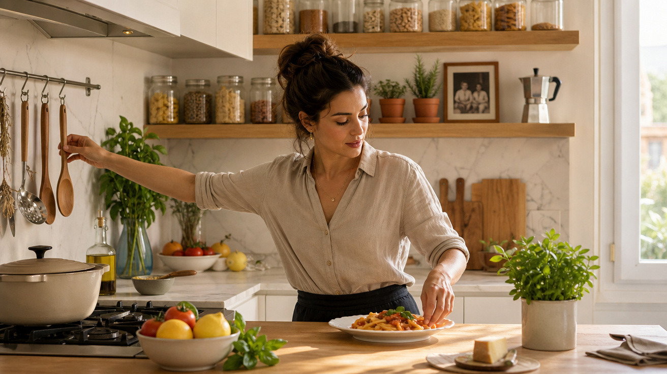 Mulher arrumando comida em prato na cozinha clara e organizada com plantas e temperos ao fundo.