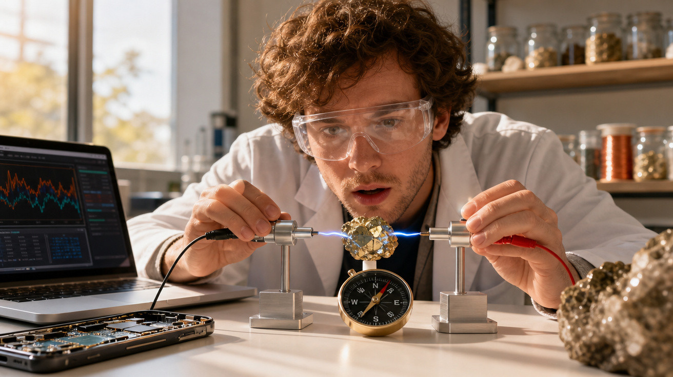 Cientista com óculos de proteção realiza experimento elétrico em minério, com laptop e bússola à mesa.