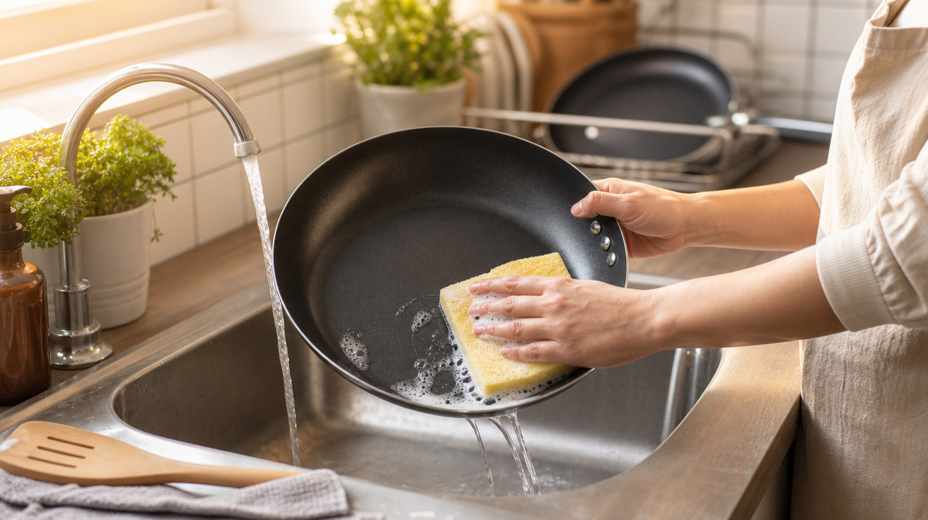 Pessoa lavando frigideira preta com esponja amarela na pia da cozinha com torneira aberta.