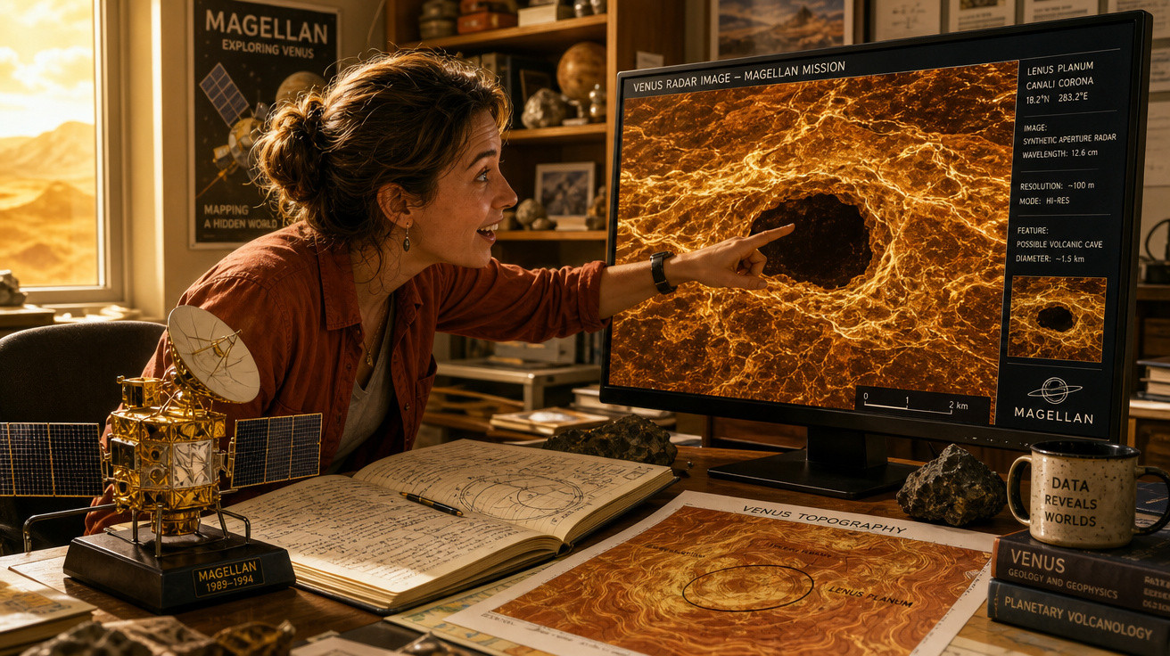 Mulher analisando imagens do radar de Vênus em monitor com mapas e modelo da sonda Magellan em ambiente de estudo.