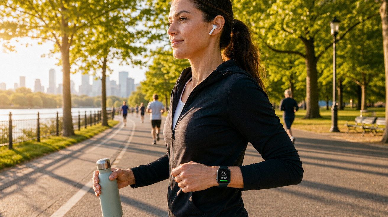 Mulher correndo em parque ao pôr do sol, usando roupa esportiva, fones e relógio inteligente.