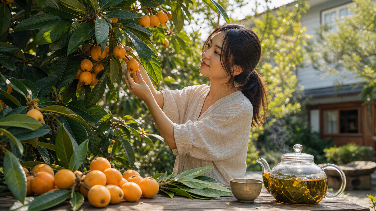 Mulher colhendo frutas amarelas em árvore, com mesa de madeira, jarra de chá e xícara ao lado.