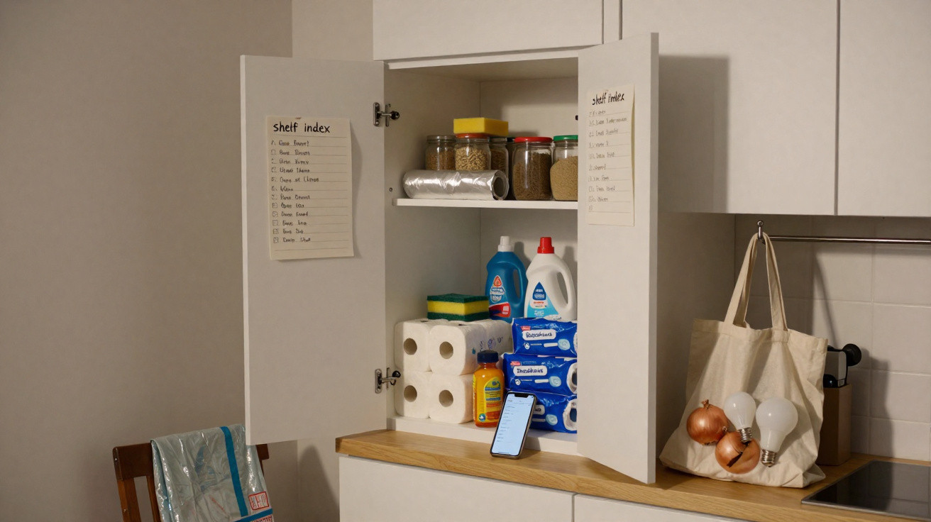 Armário de cozinha aberto com mantimentos, produtos de limpeza, papel higiênico e lista de organização nas portas.