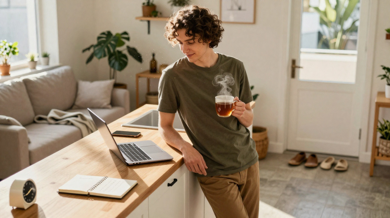 Jovem segurando xícara de chá quente, olhando para laptop em cozinha iluminada e organizada.