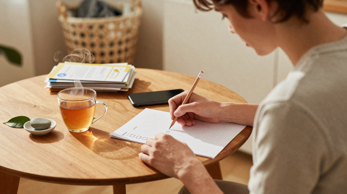 Pessoa escrevendo em caderno sentada à mesa de madeira com chá quente, celular e livros ao fundo.