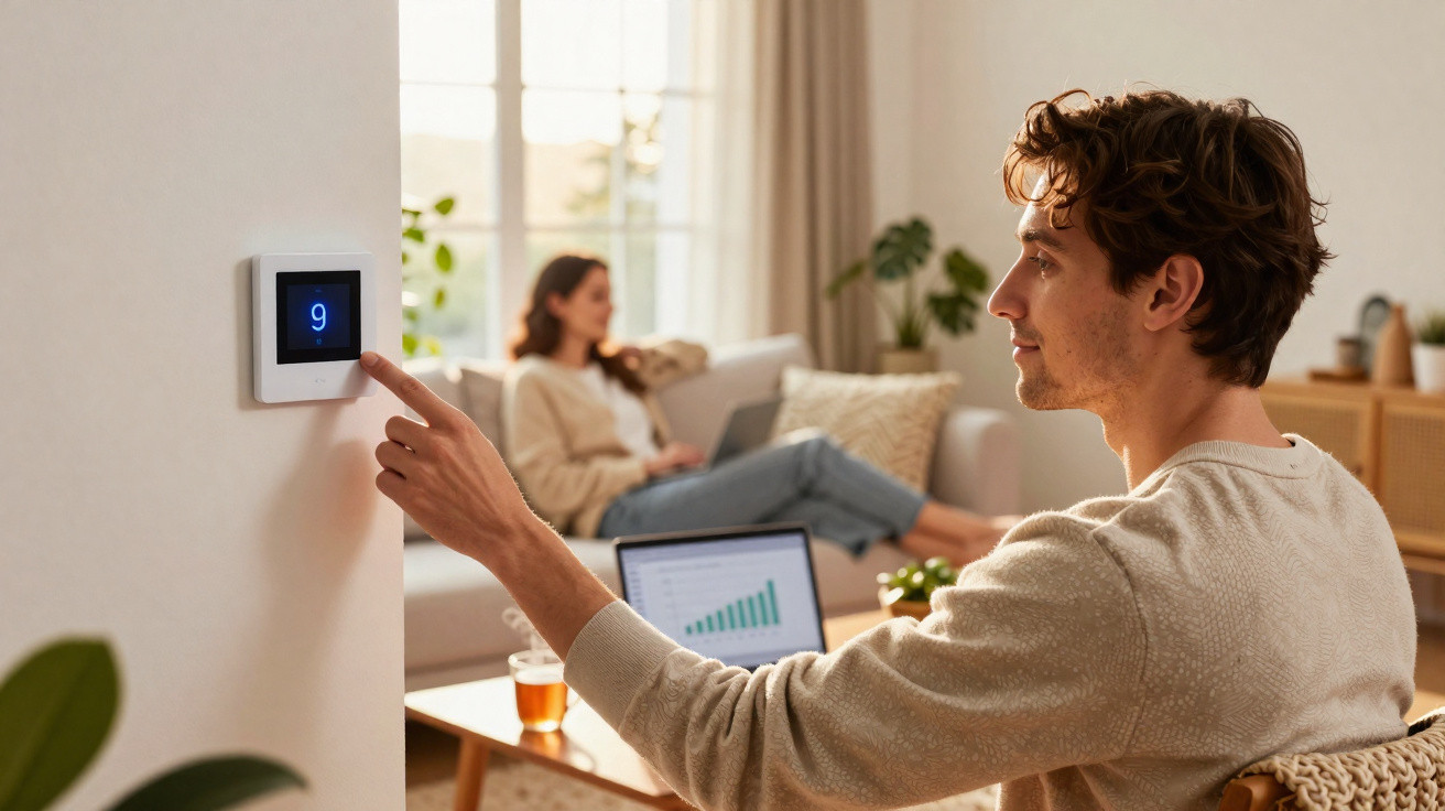 Homem ajusta termostato digital na sala, enquanto mulher usa laptop no sofá ao fundo.