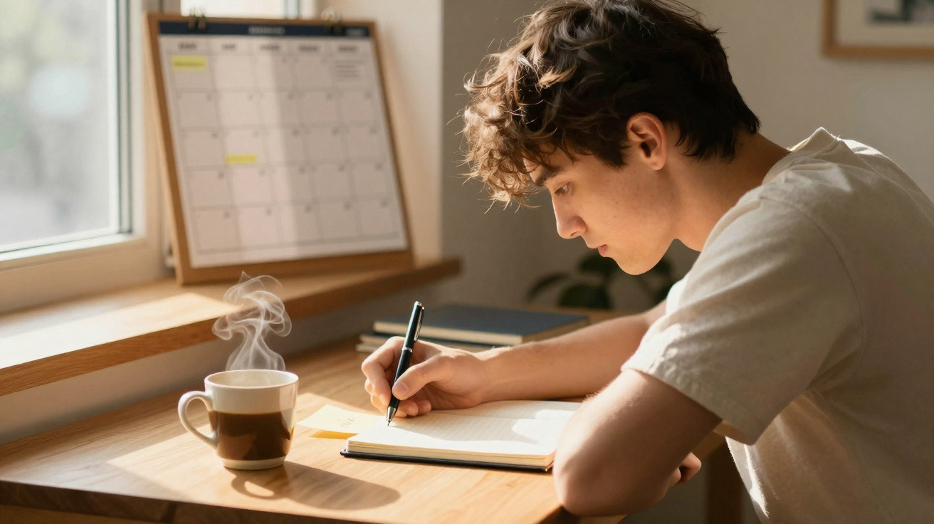 Jovem escrevendo em um caderno à mesa com caneca de bebida quente ao lado em ambiente iluminado.