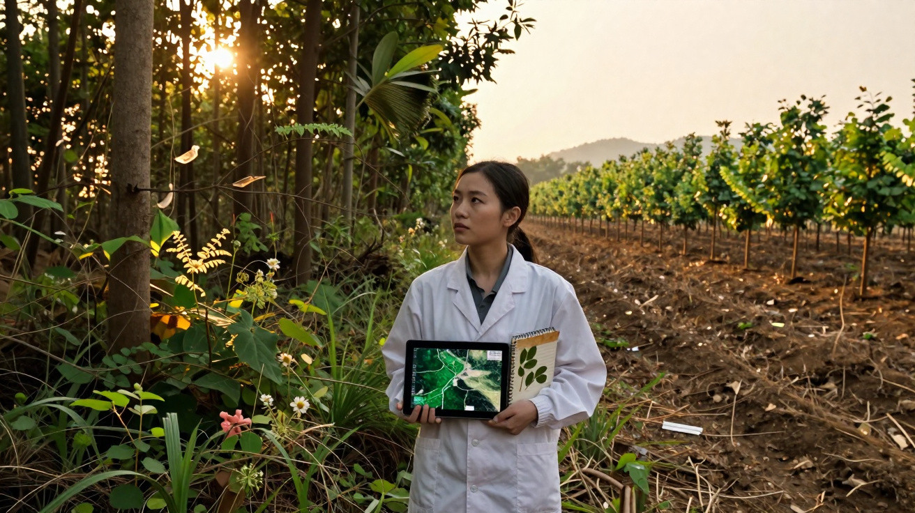 Mulher cientista em jaleco em plantação segurando tablet com imagens de satélite e caderno de anotações.
