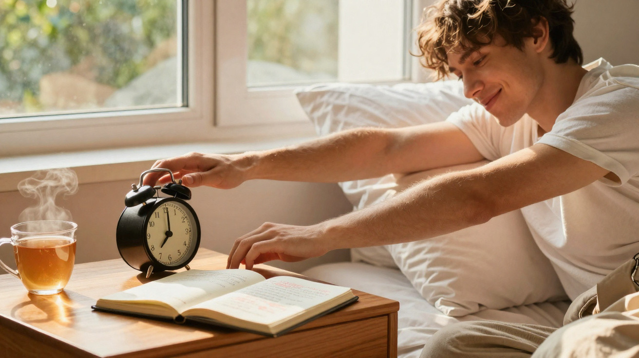 Homem acordando na cama, ajustando despertador em um quarto iluminado pela manhã com livro e chá na mesa.
