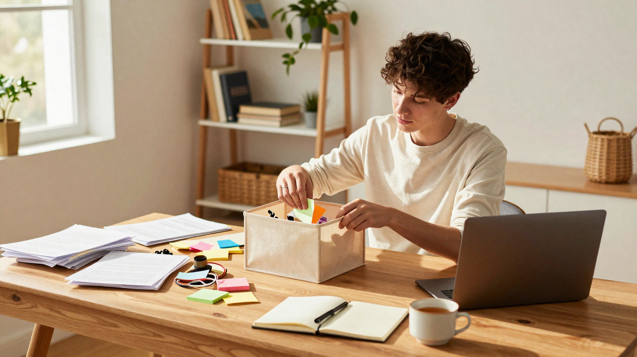 Jovem organizando papéis coloridos em caixa, com laptop, caderno e café em mesa de madeira clara.