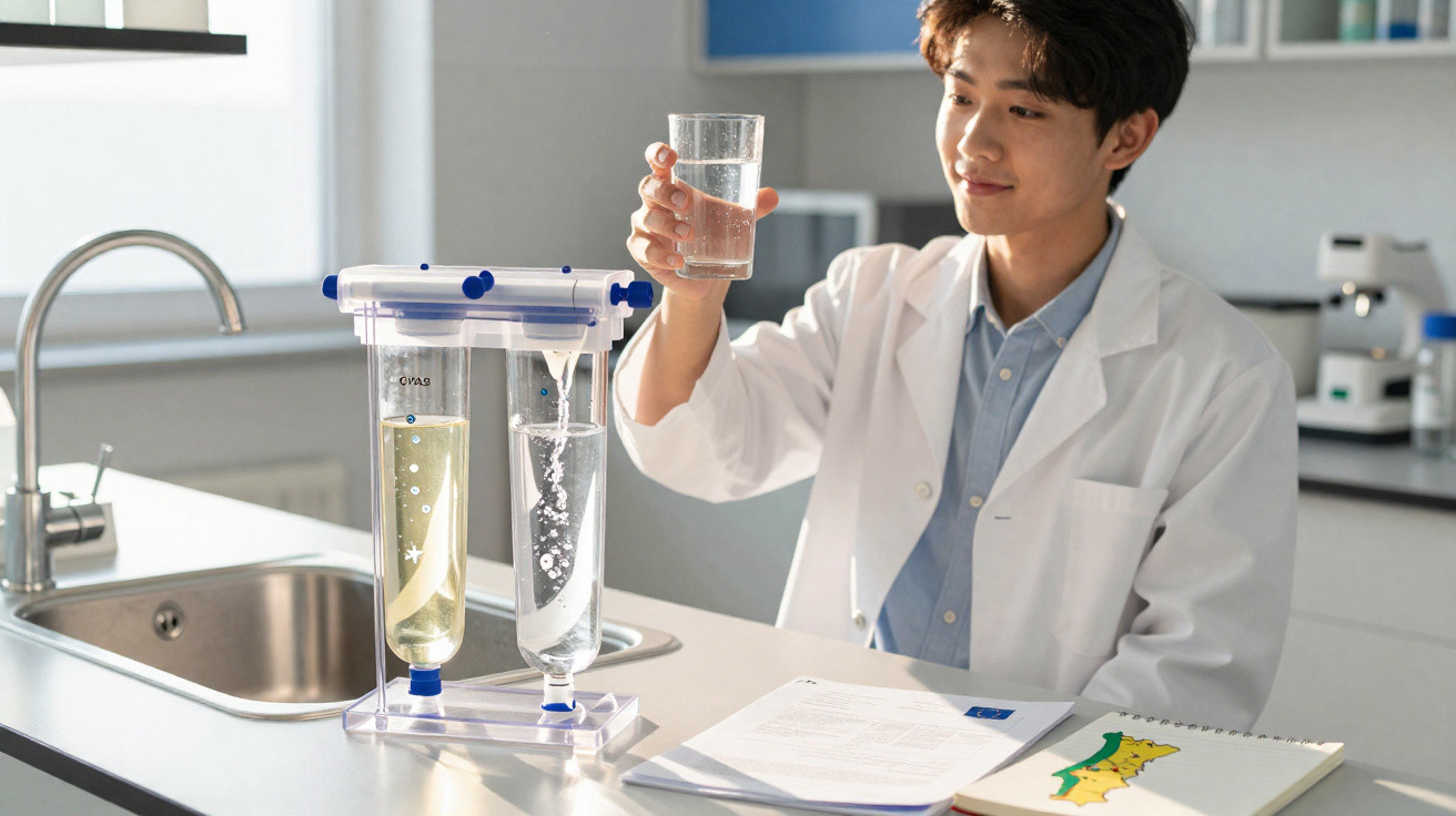 Homem de jaleco branco segura copo com água em laboratório próximo a equipamento de filtragem.