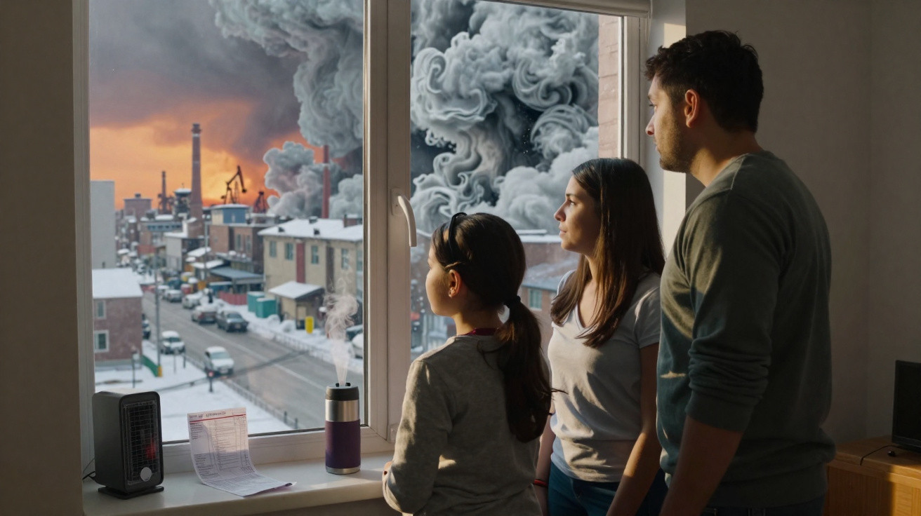 Família observa fumaça densa saindo de fábrica ao pôr do sol pela janela de casa.