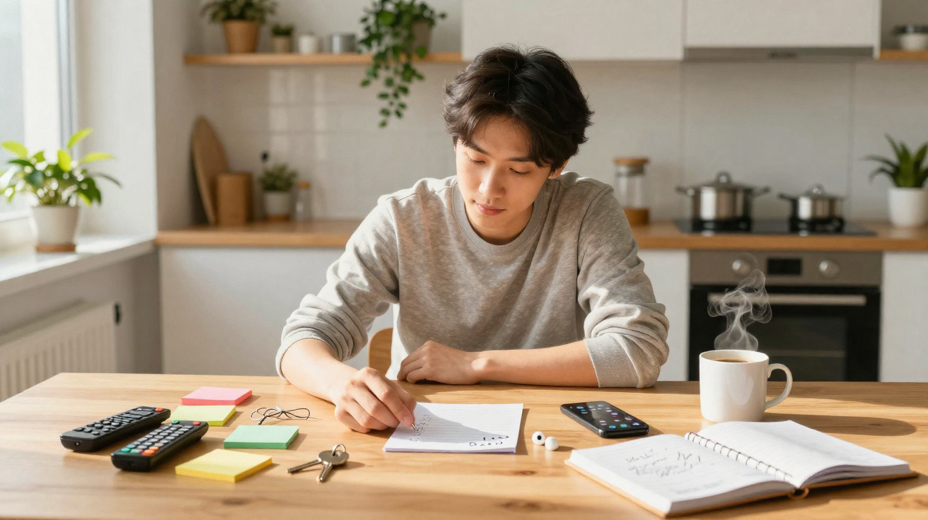 Jovem sentado à mesa escrevendo em papel, com controles, chave, celular, caderno e café na cozinha.