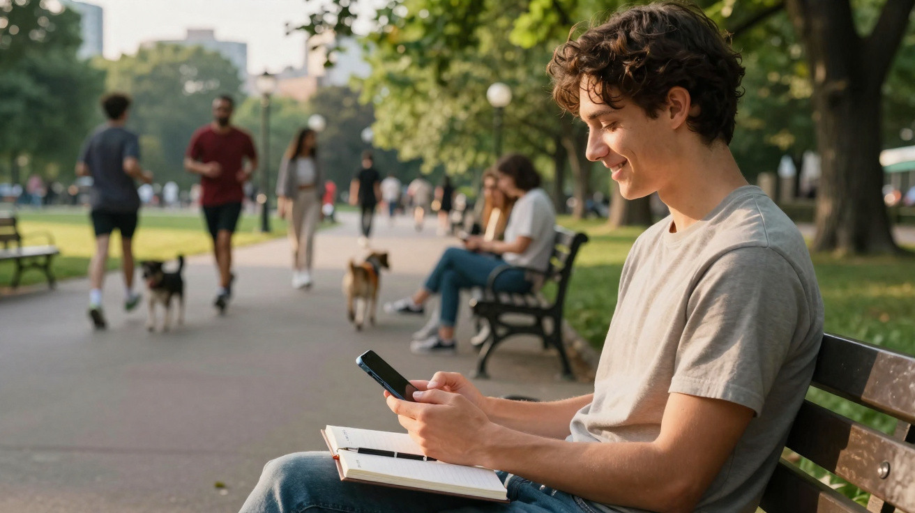 Jovem sentado em banco de parque lendo celular com livro aberto no colo em dia ensolarado.