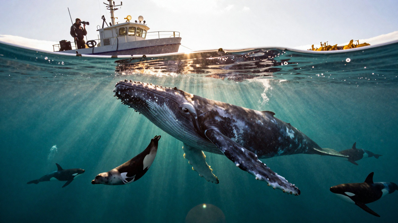 Baleia e orcas nadando abaixo da superfície do mar com um barco e fotógrafo na água acima.