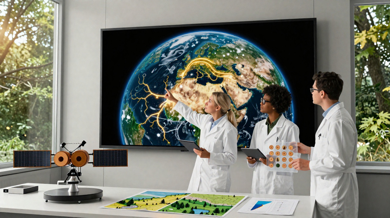 Equipe de cientistas em laboratório analisando dados da Terra exibidos em tela digital grande.
