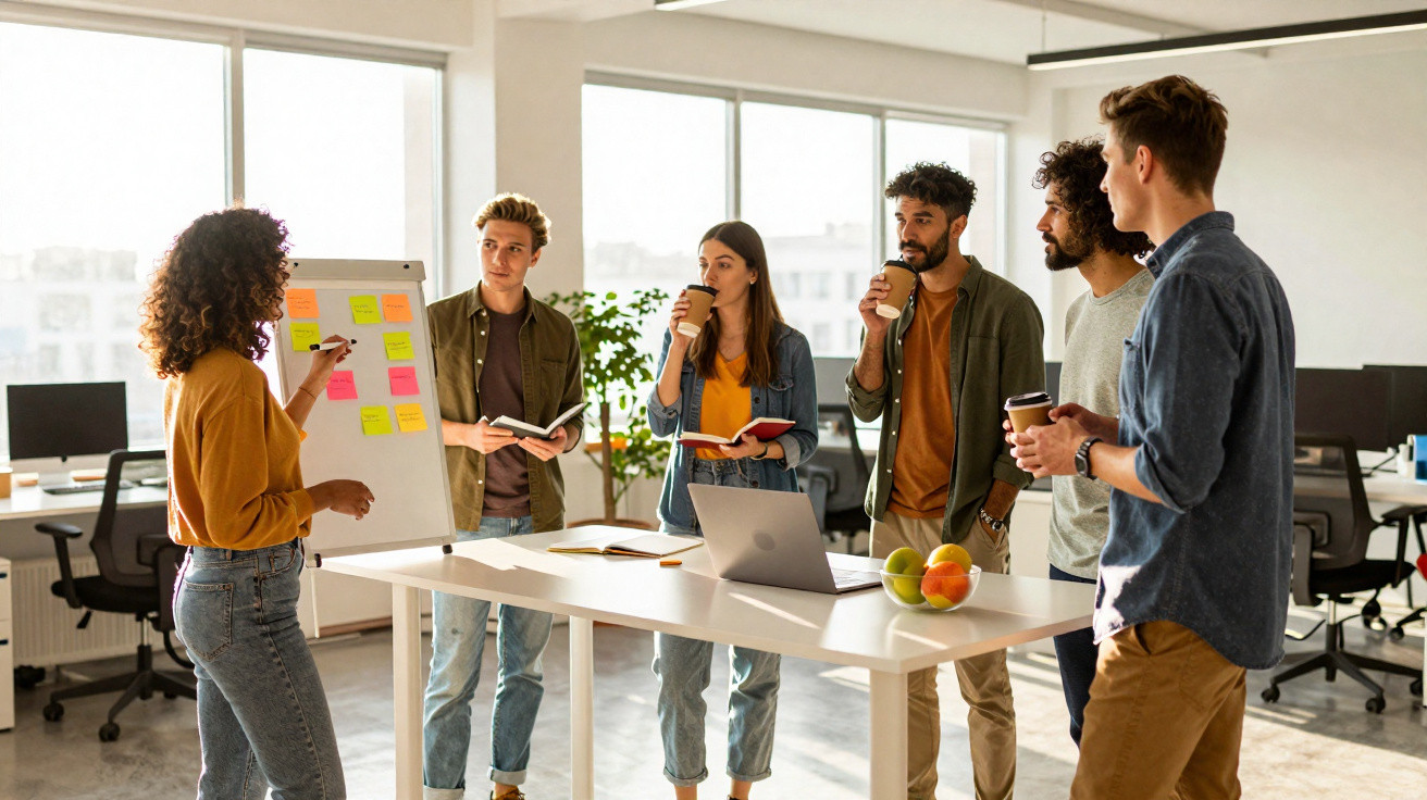 Grupo de jovens em reunião de trabalho com café em escritório moderno, discutindo ideias em quadro branco.