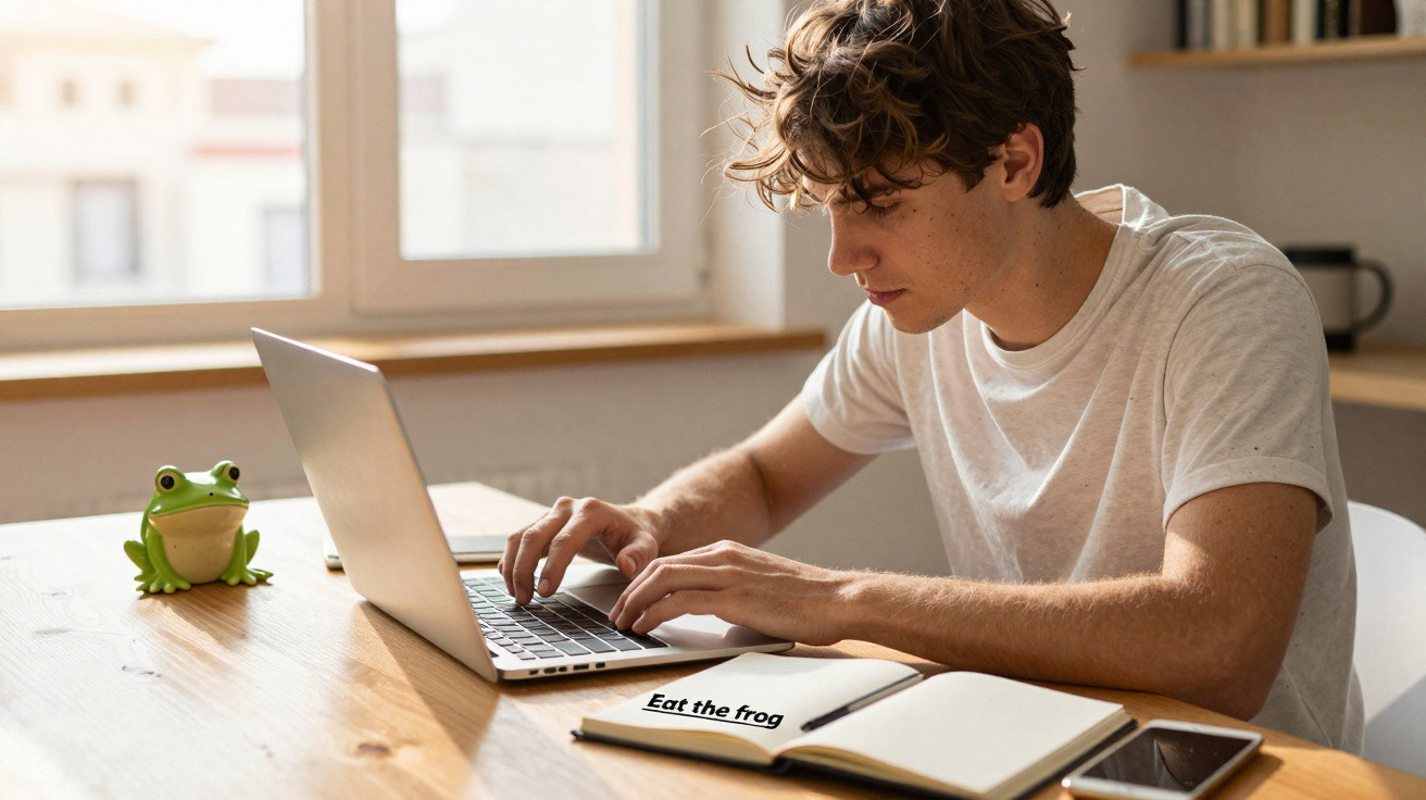 Jovem sentado à mesa usando laptop, com caderno aberto escrito "Eat the frog" e brinquedo de sapo ao lado.