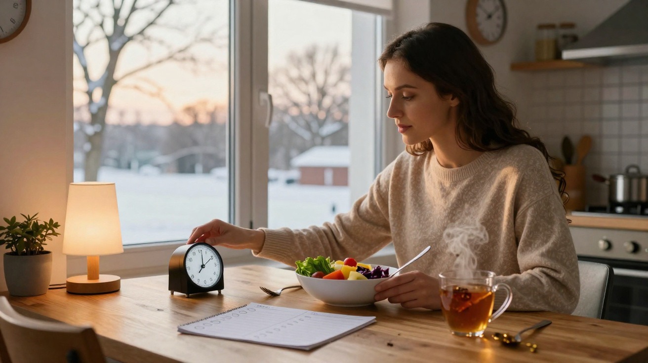Mulher comendo salada e ajustando relógio em mesa de cozinha ao amanhecer com xícara de chá fumegante.