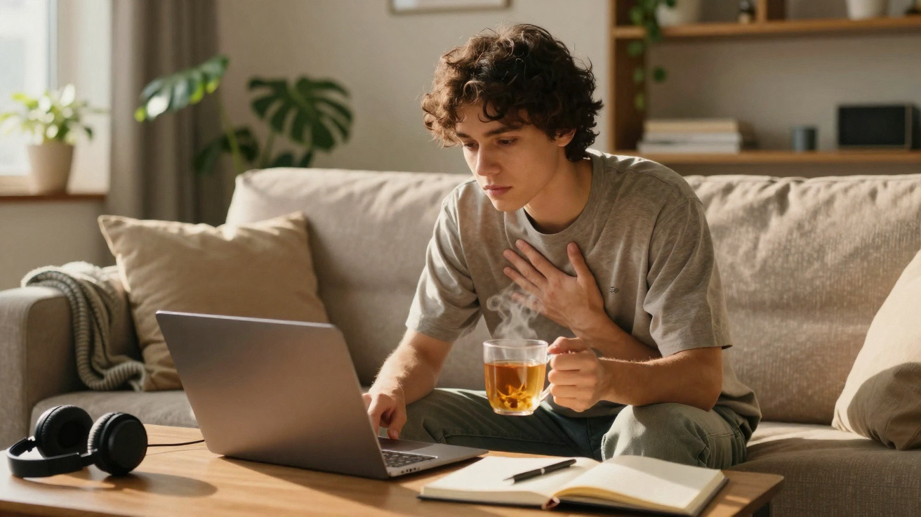 Jovem sentado no sofá com chá na mão, olhando preocupado para notebook em mesa de centro.