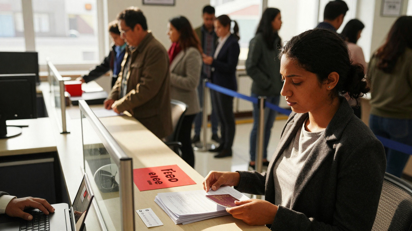 Mulher consultando documentos em balcão de atendimento com fila de pessoas ao fundo.