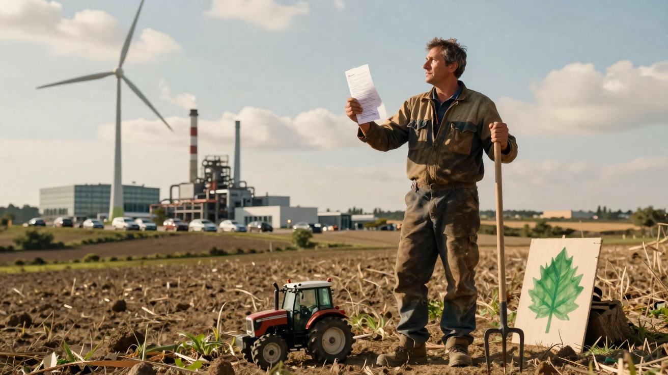 Agricultor segurando documento em campo com trator pequeno ao lado e usina e turbina eólica ao fundo.