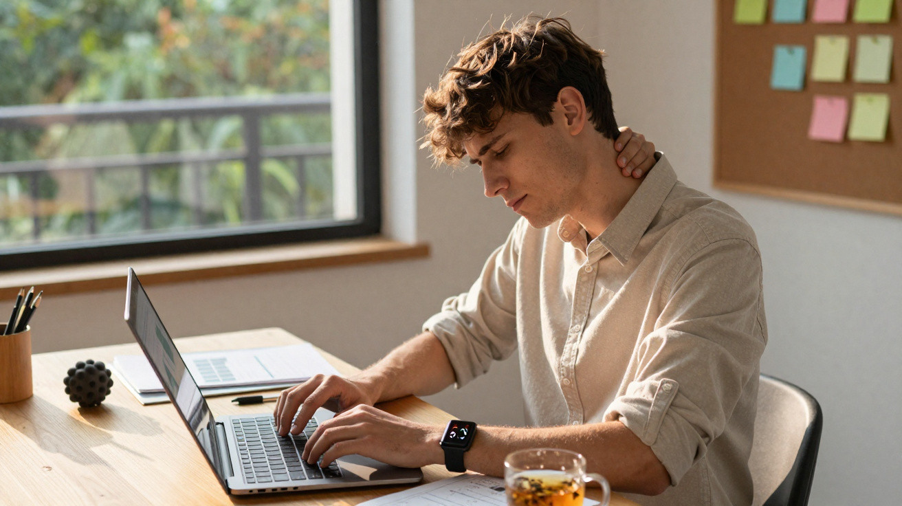 Jovem trabalhando em laptop com expressão de desconforto, massageando o pescoço em escritório iluminado.
