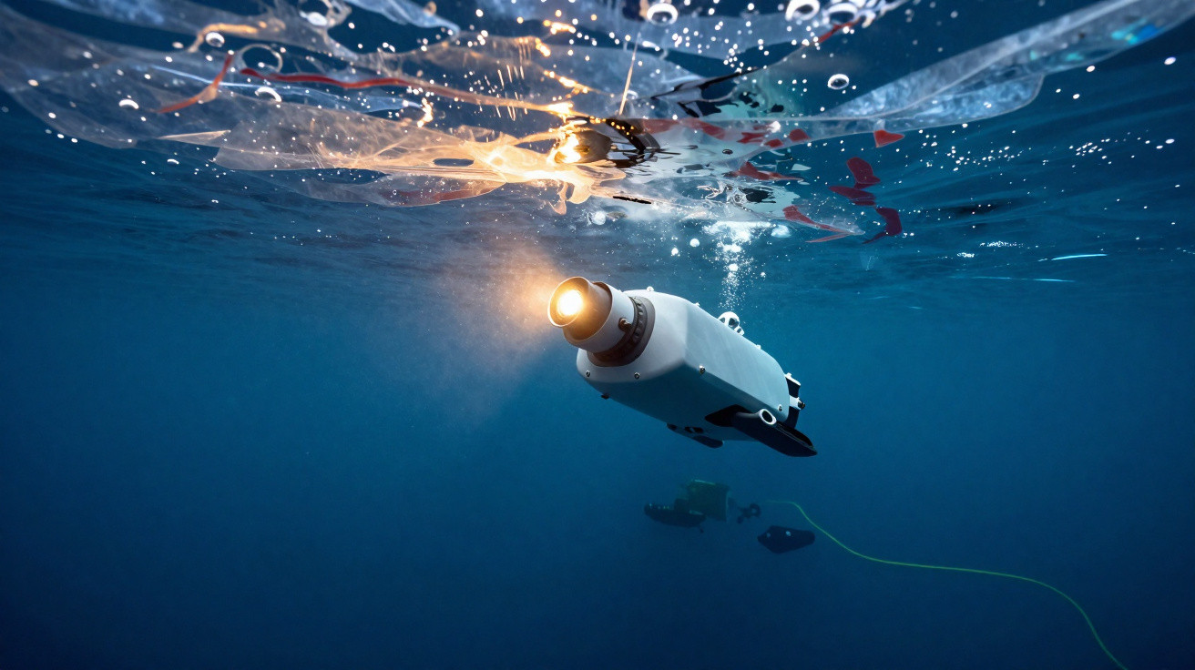Veículo subaquático não tripulado iluminando e explorando junto a lixo plástico na superfície do mar.