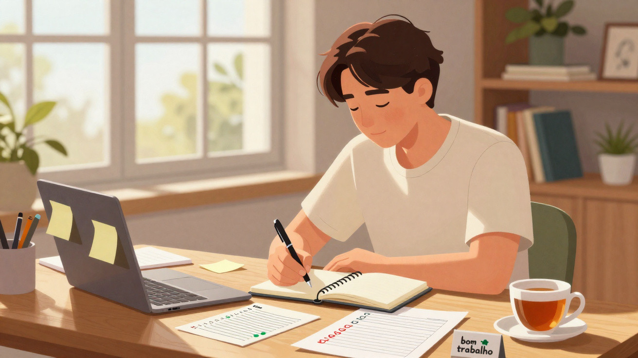 Homem jovem estudando e escrevendo em caderno perto de laptop e xícara de chá em ambiente iluminado.