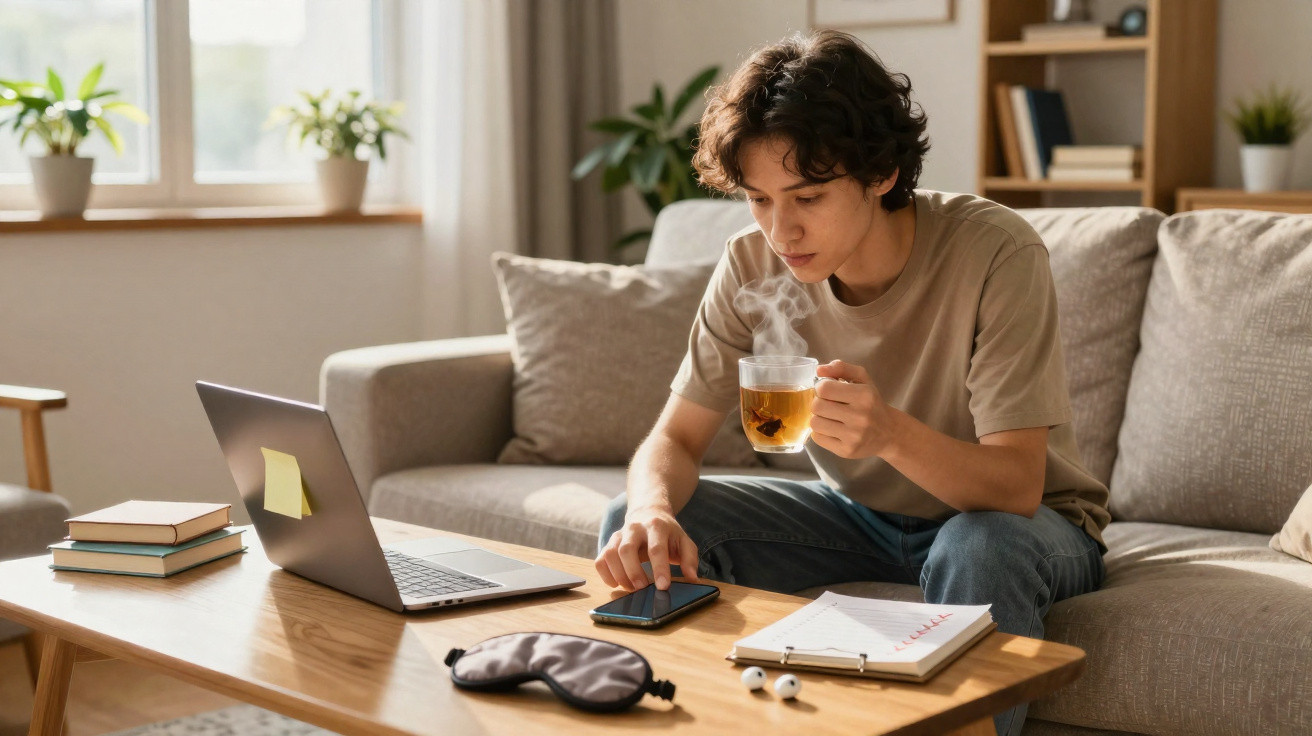 Jovem sentado no sofá usando celular, segurando xícara de chá, com laptop e caderno na mesa à sua frente.