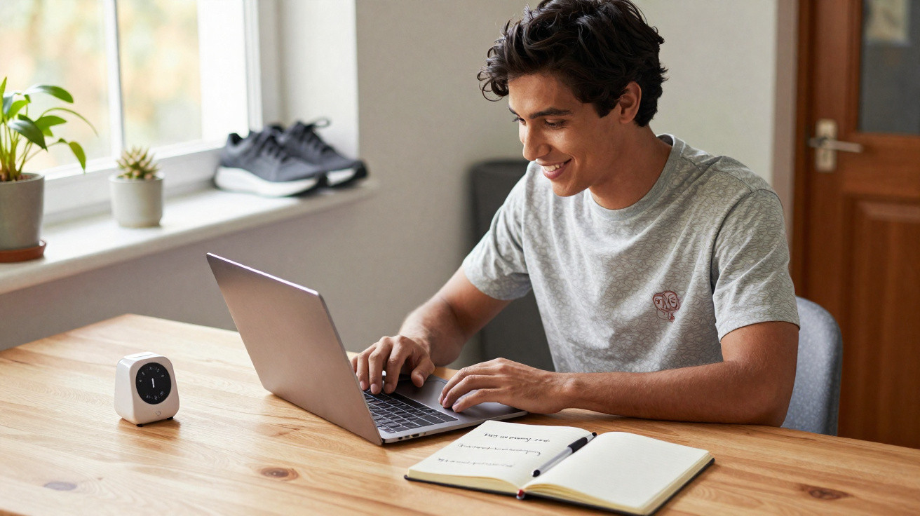 Jovem sorridente trabalhando em laptop em mesa de madeira com caderno aberto e relógio digital ao lado.