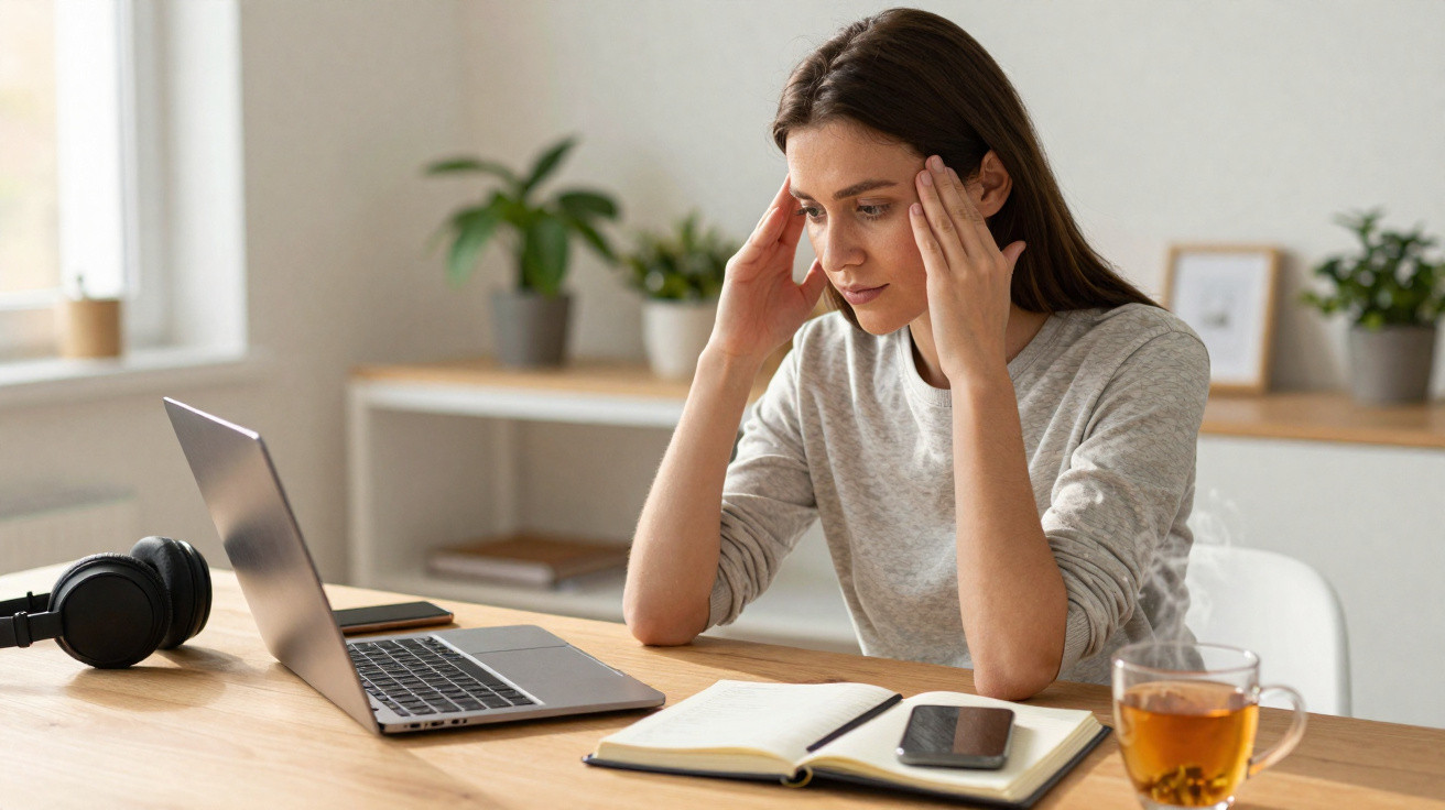 Mulher sentada à mesa com notebook, celular, caderno e chá, com expressão preocupada e mãos na cabeça.