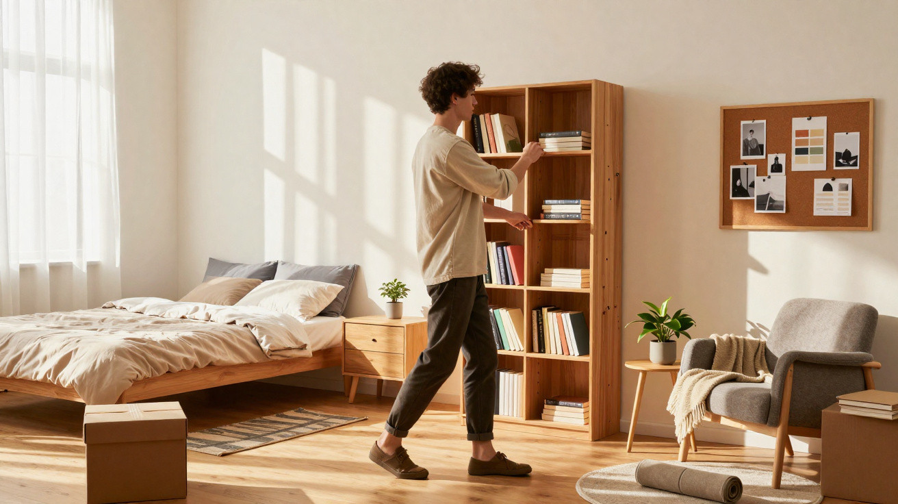 Jovem organizando livros em estante em quarto iluminado com cama, poltrona, planta e quadro de avisos.