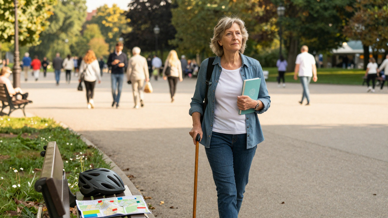 Mulher idosa caminhando no parque com bengala e caderno, pessoas ao fundo em dia ensolarado.