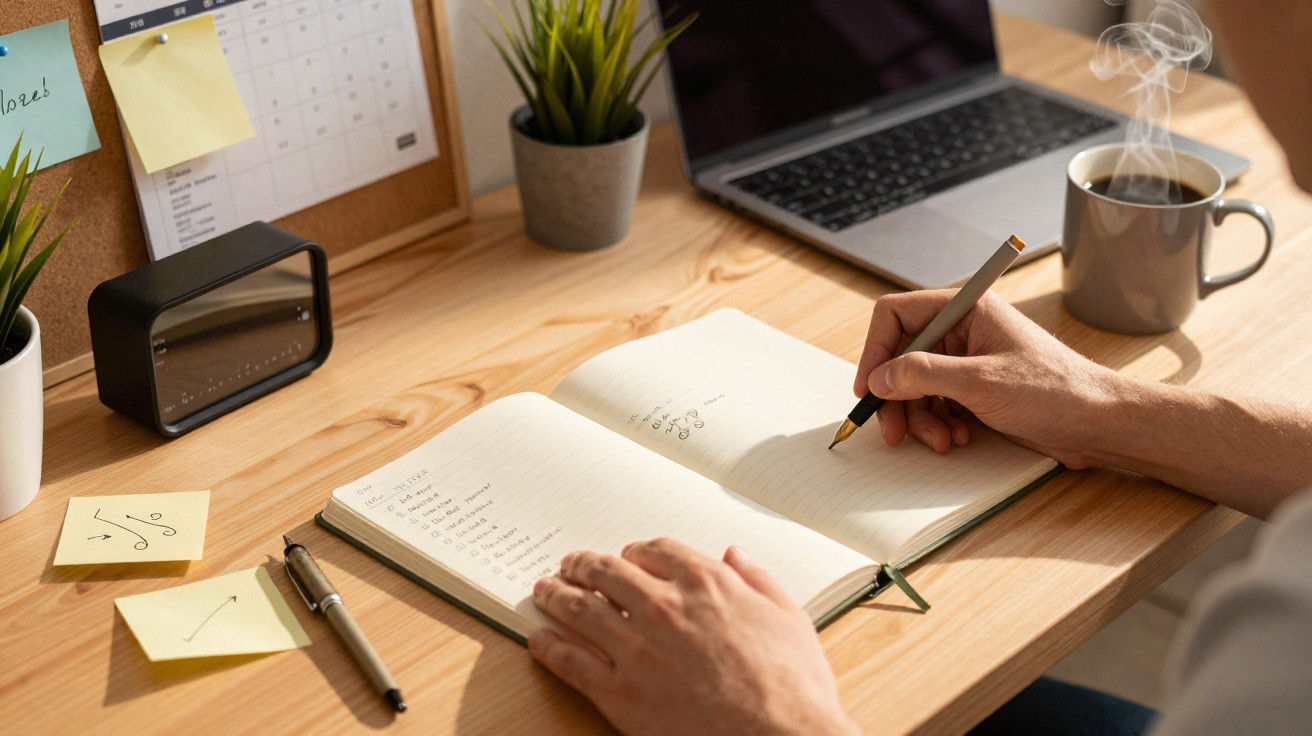 Pessoa escrevendo em caderno aberto em mesa de madeira com laptop, relógio, café e plantas.