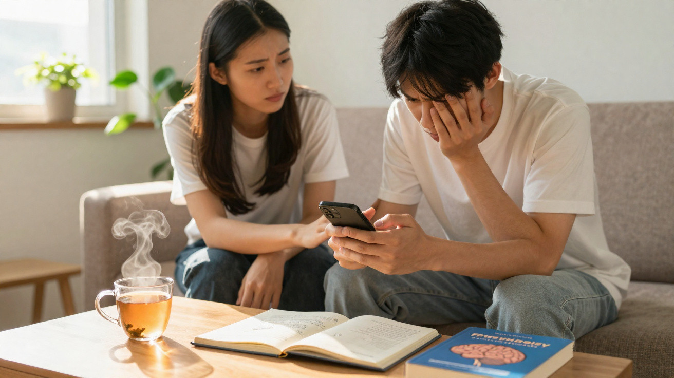 Casal jovem sentado no sofá, homem preocupado olhando telefone, mulher preocupada ao lado, mesa com livros e chá.