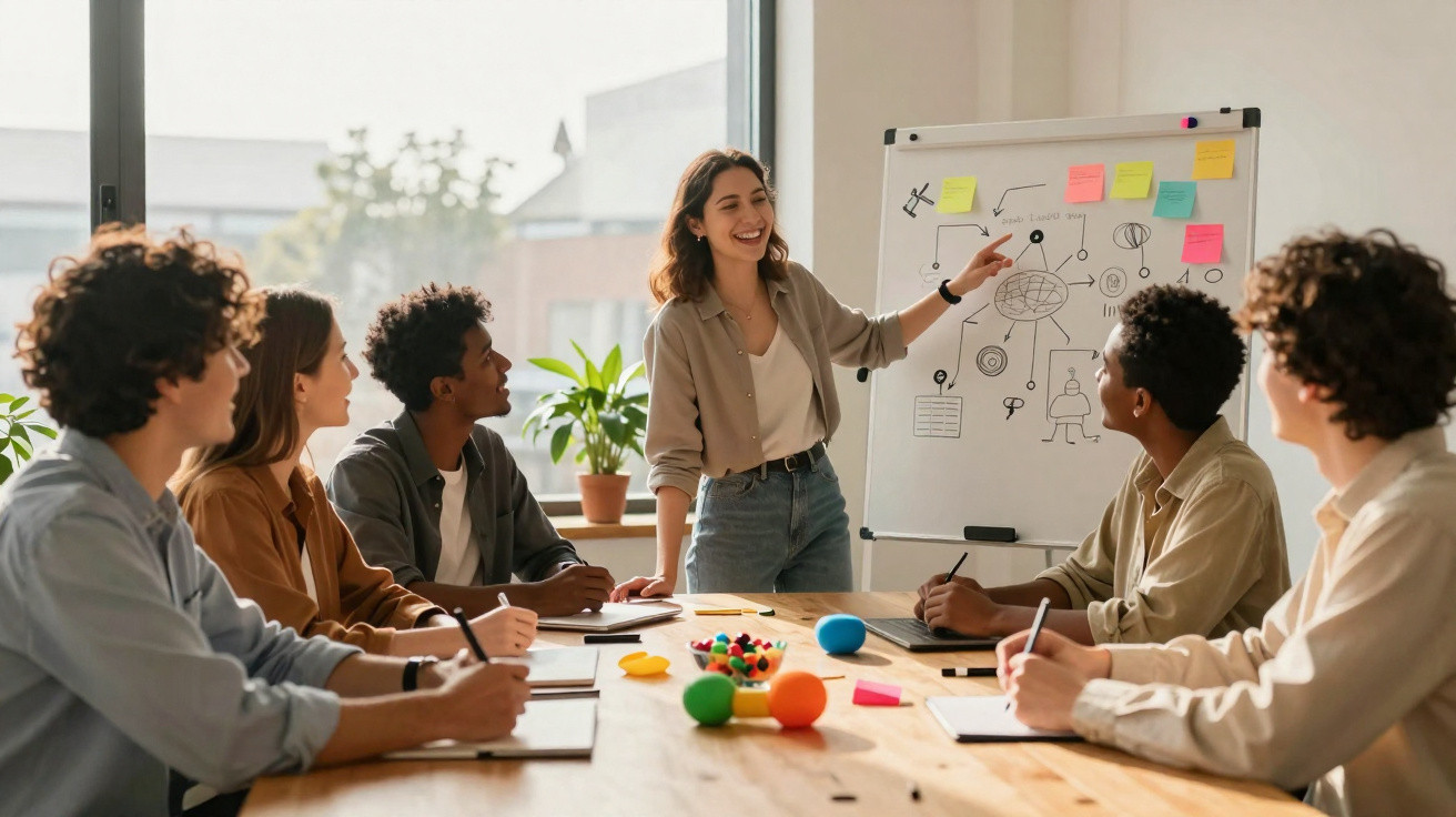 Grupo diversificado de jovens em reunião, com mulher apresentando ideias em quadro branco com post-its coloridos.