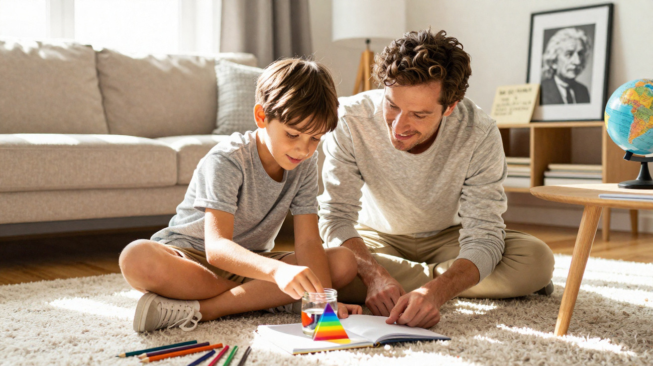 Pai e filho sentados no tapete brincando com prisma e livro aberto em sala iluminada.