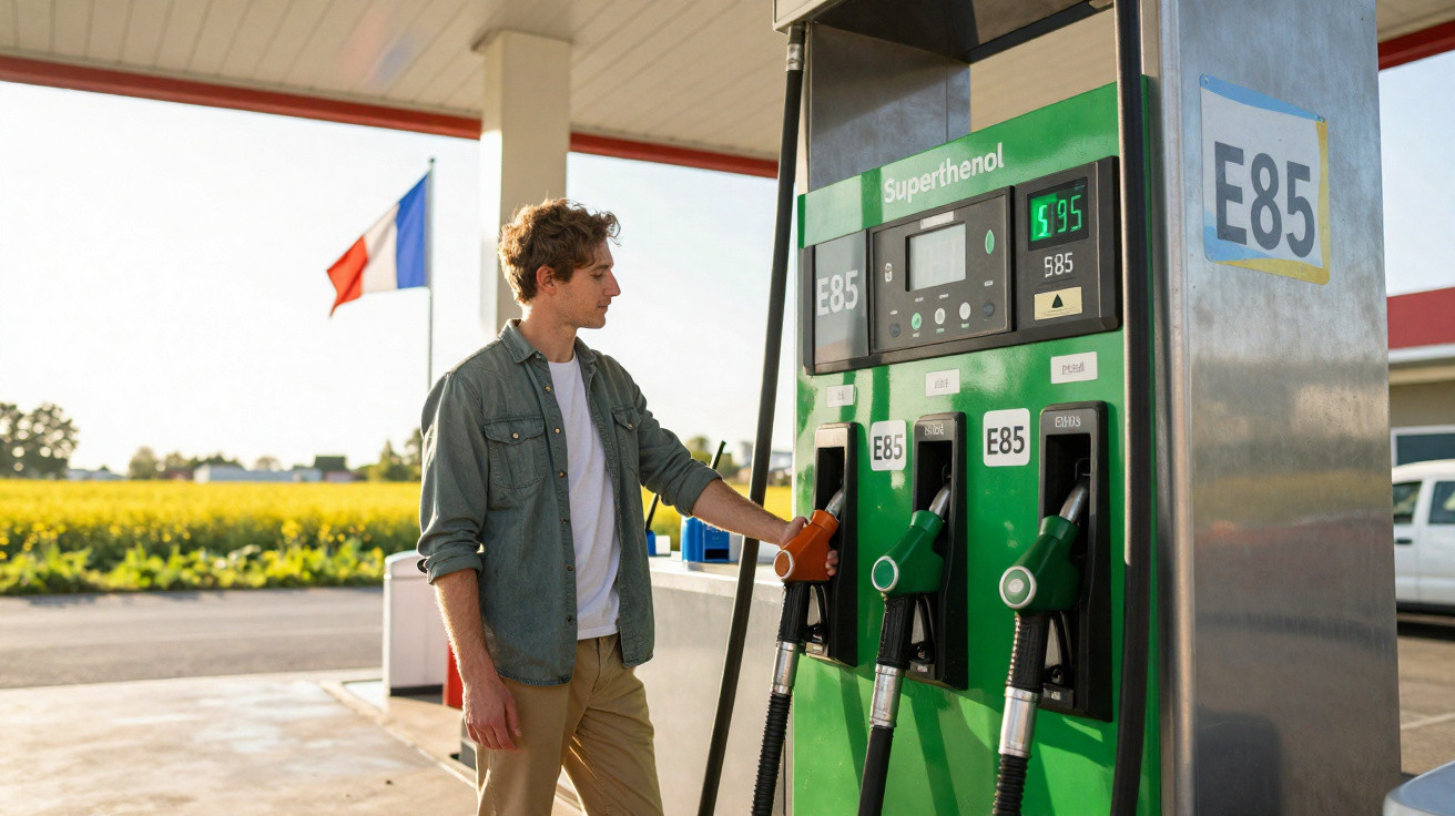 Homem abastecendo carro com etanol E85 em posto de combustíveis ao ar livre, com bandeira da França ao fundo.