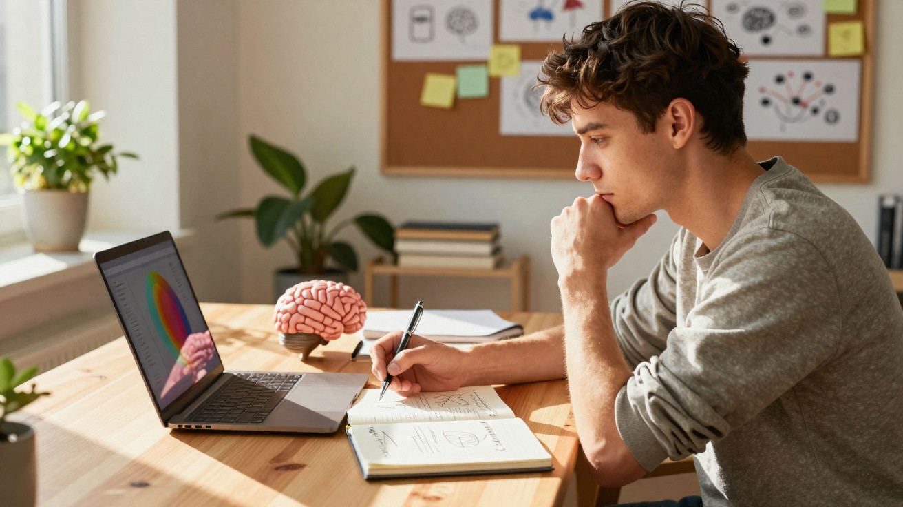 Jovem estudando e fazendo anotações em um caderno, com notebook e modelo de cérebro na mesa.
